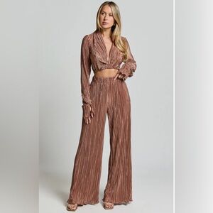 Plisse Twist Front Crop Top and Pants Set